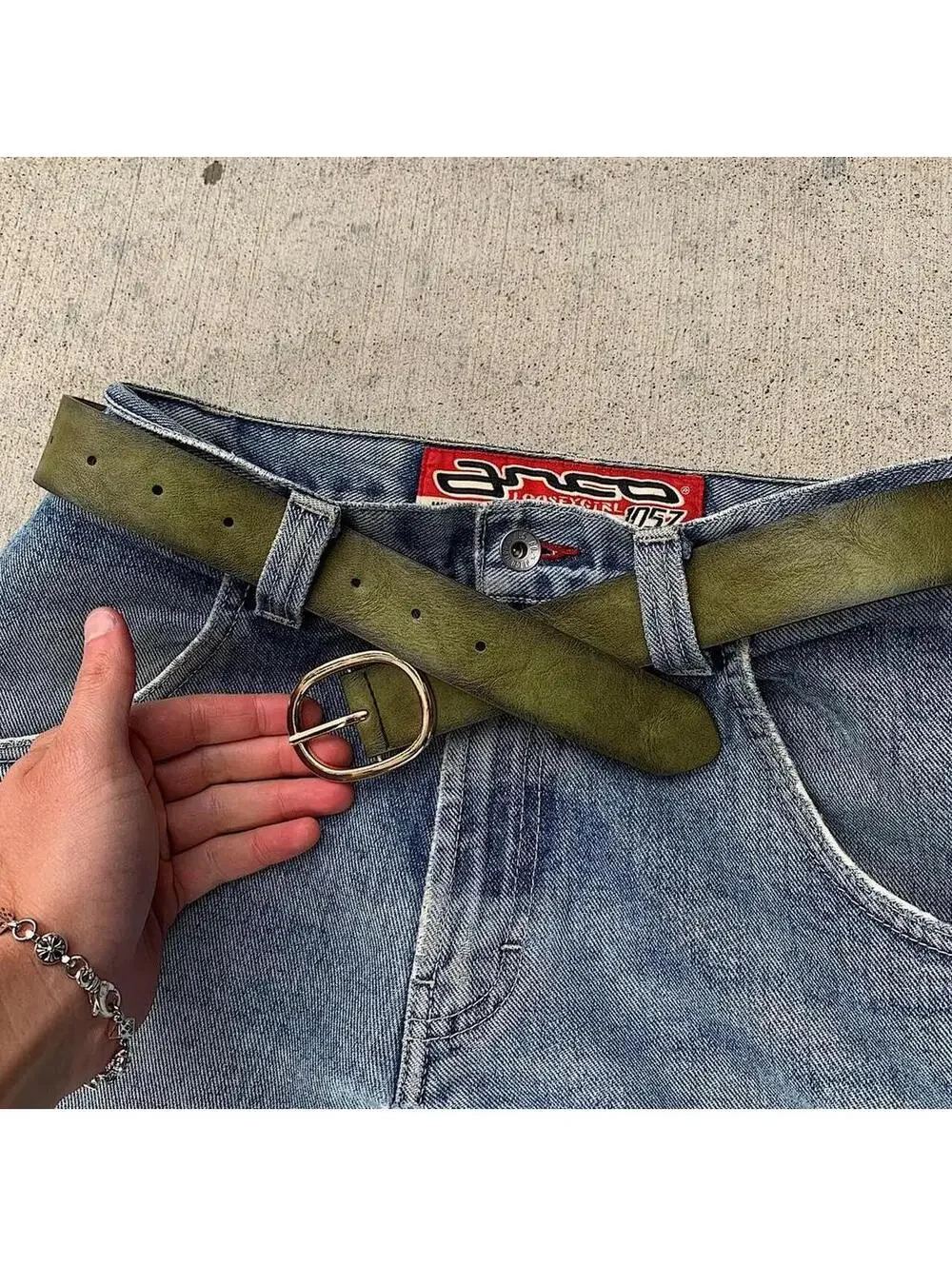 Faded Green leather belt with Gold oval belt buckle. Very cool unique belt. Y2k